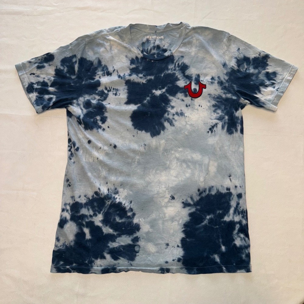 True Religion Mens Tie Dye Buddha Graphic T Shirt Blue Navy Short‎ Sleeve Sz M